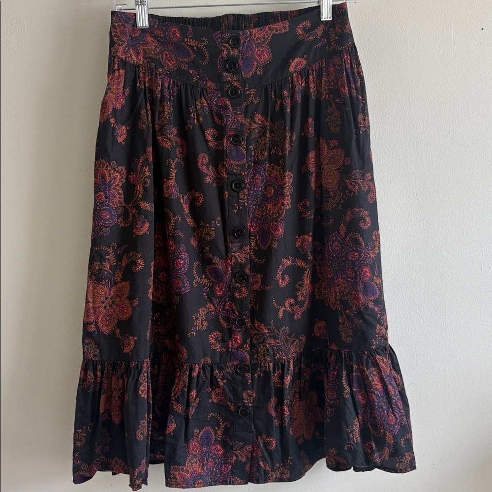 ModCloth Black Midi Skirt with Red and Purple Paisley Print